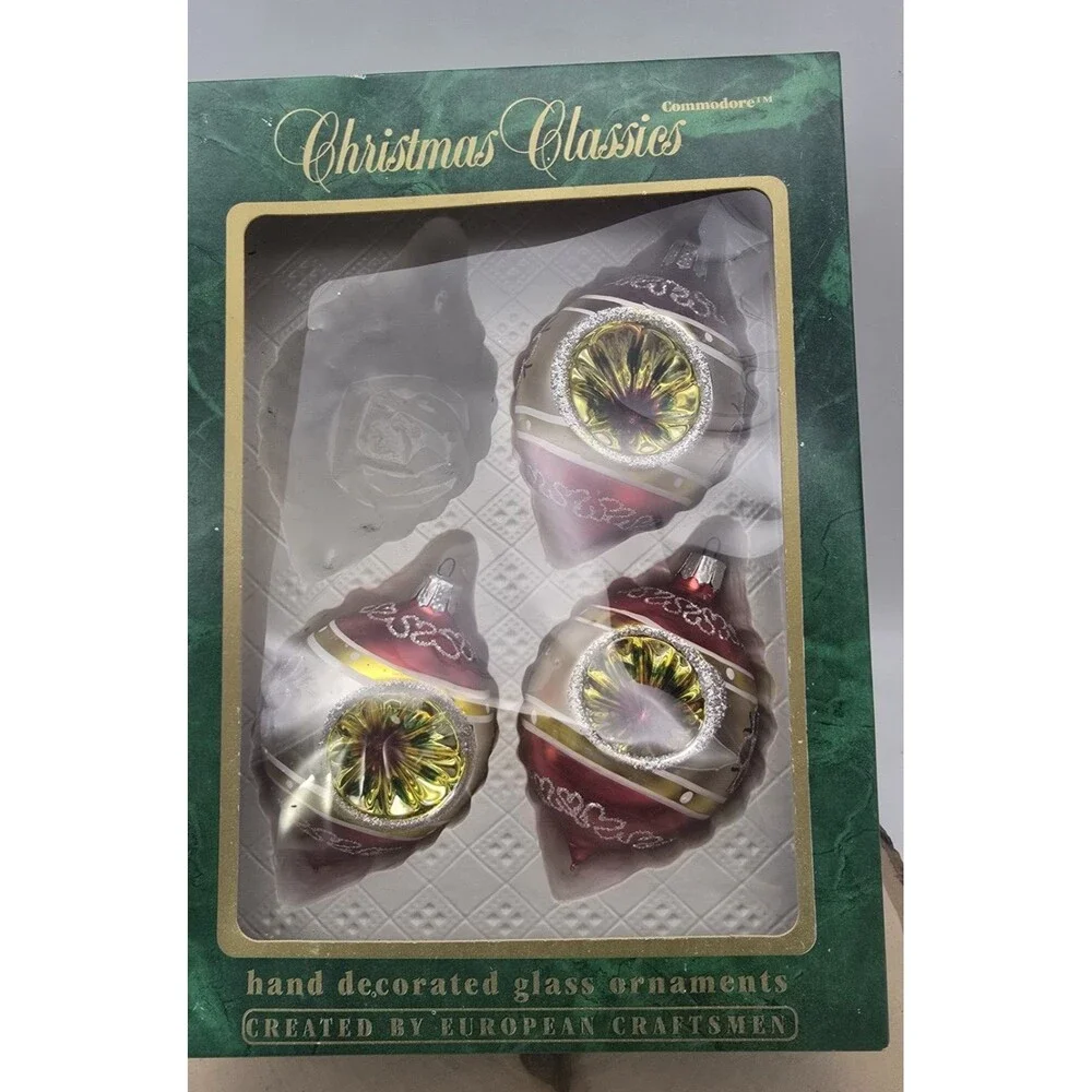 3 VTG Commodore Christmas Classics Hand Decorated Glass Indent Ornaments Romania